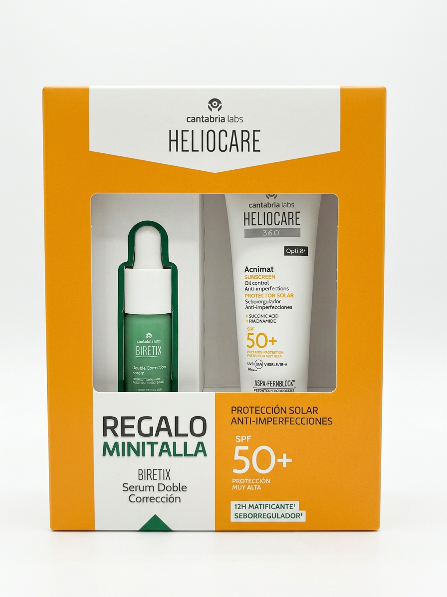 Pack Heliocare 360 Acnimat + minitalla Biretix Double Correction